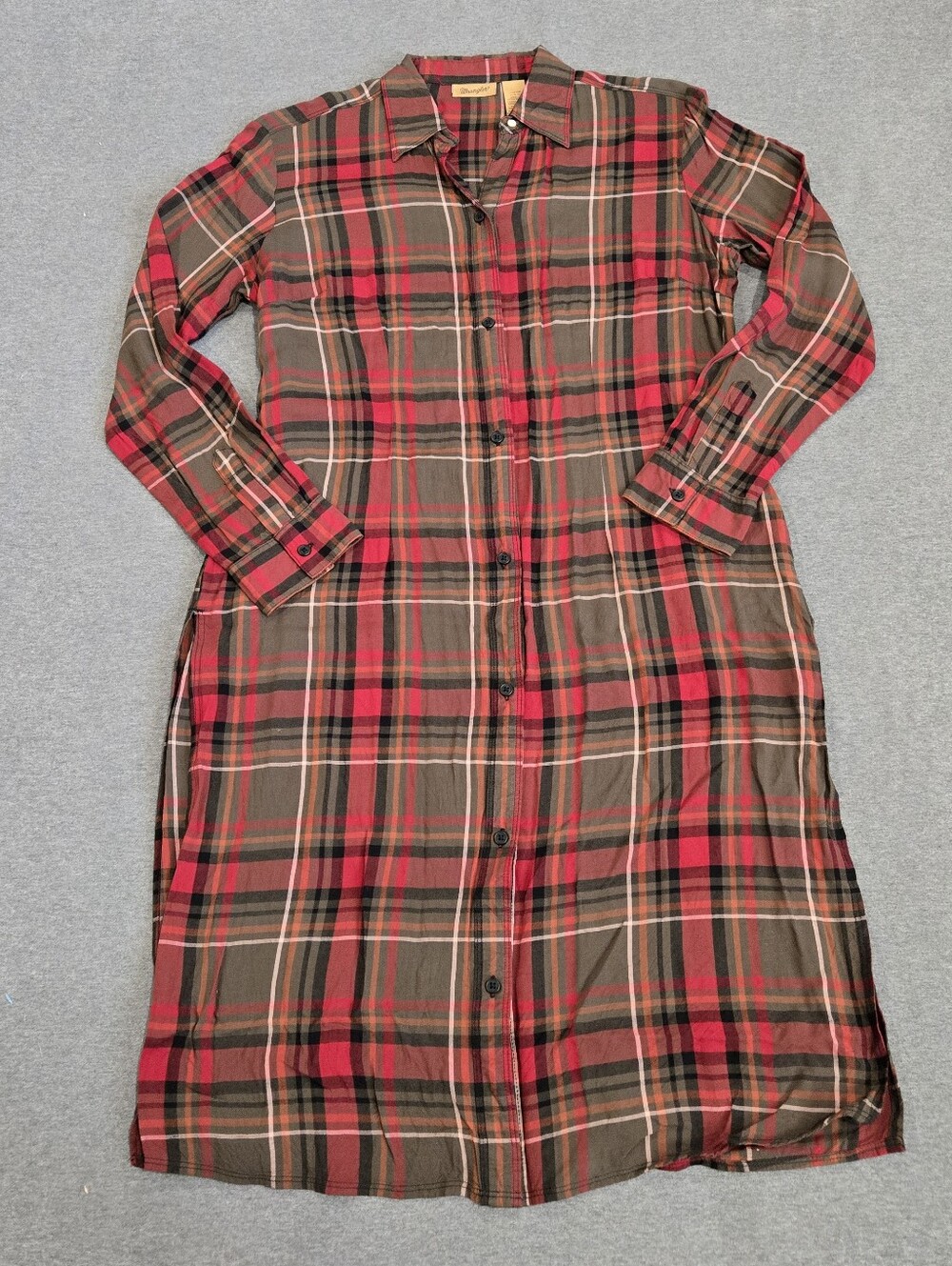 Wrangler Plaid Shirt Dress Midi Duster Side Slits Sz Large Fall Western Holiday